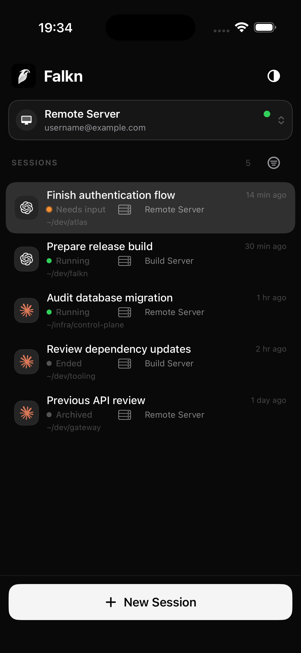 Falkn's pre-release mobile app session list